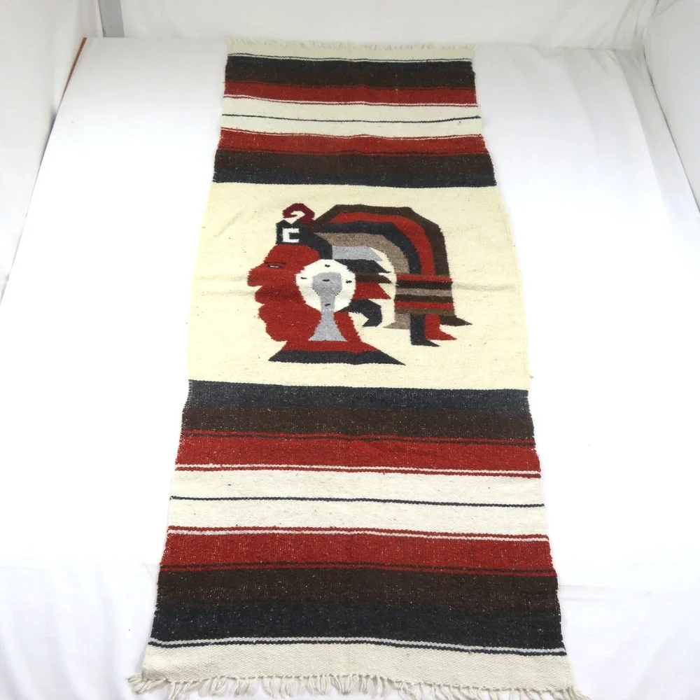 Mexican Style Woven Rug Wall Hanging- Aztec Chief Warrior 25 X 62 Vintage